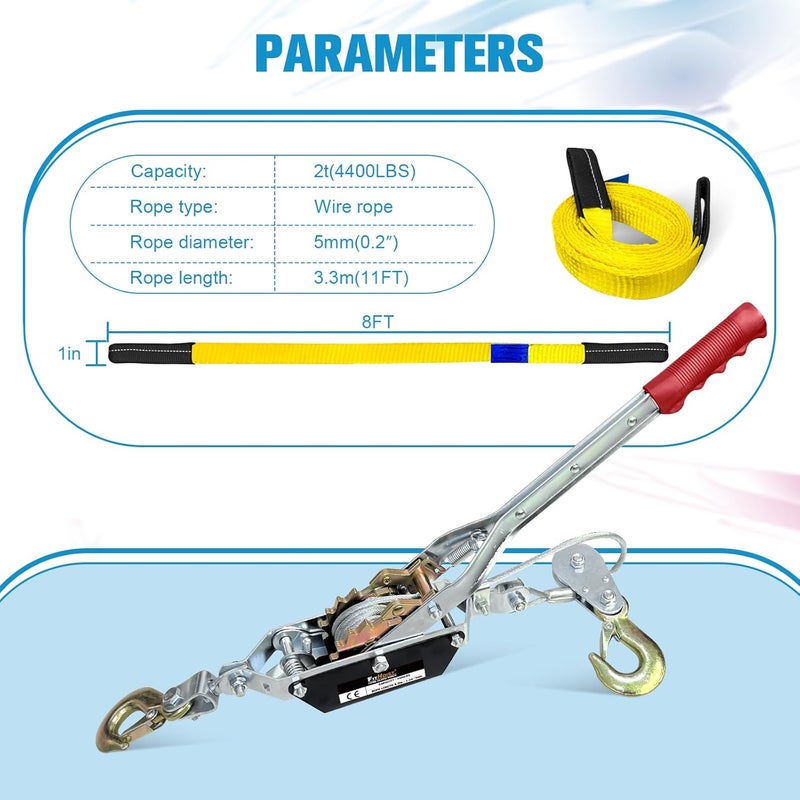 FITHOIST 2-Ton Come Along Winch Heavy Duty 11ft Steel Cable Come Along Cable Puller with Two 1"x8FT Lifting Sling 2 Hooks Dual-Gear for Vehicle Rescue & Automotive Hoisting - Image 3